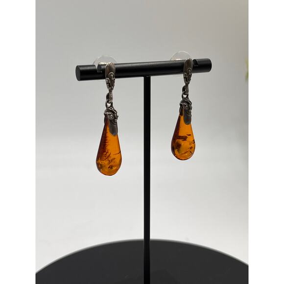 Sterling Silver Large Cognac Teardrop Baltic Amber Pierced Detailed Top Earrings - Picture 3 of 7